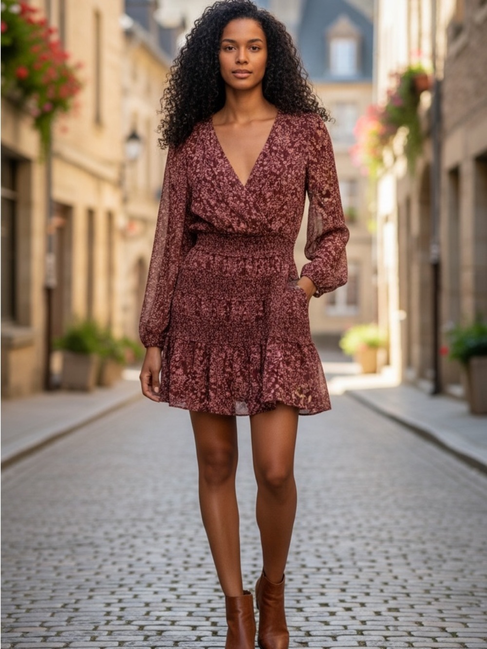 Boho Floral V-Neck Smocked Waist Vintage-chic Mini Dress in Burgundy